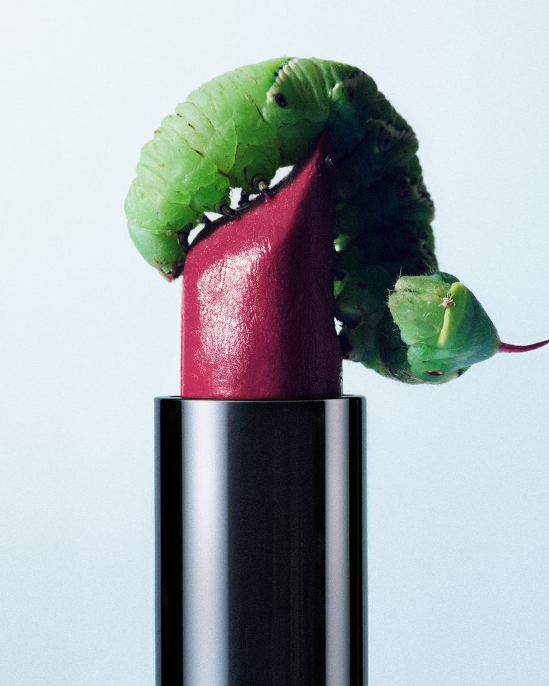 Close-up studio shot of green caterpillar crawling on vibrant crimson lipstick, set against a clean, bright background.