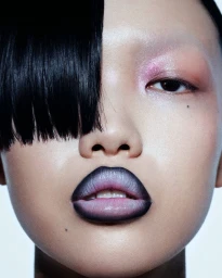 Close-up portrait of a model with dark ombre lips, glossy skin, and a heavy blunt-cut black fringe over one eye.
