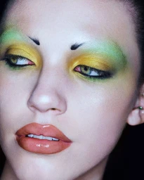 Close up portrait of a model featuring vibrant yellow and green eyeshadow with glossy neutral lips for the Specimens project.