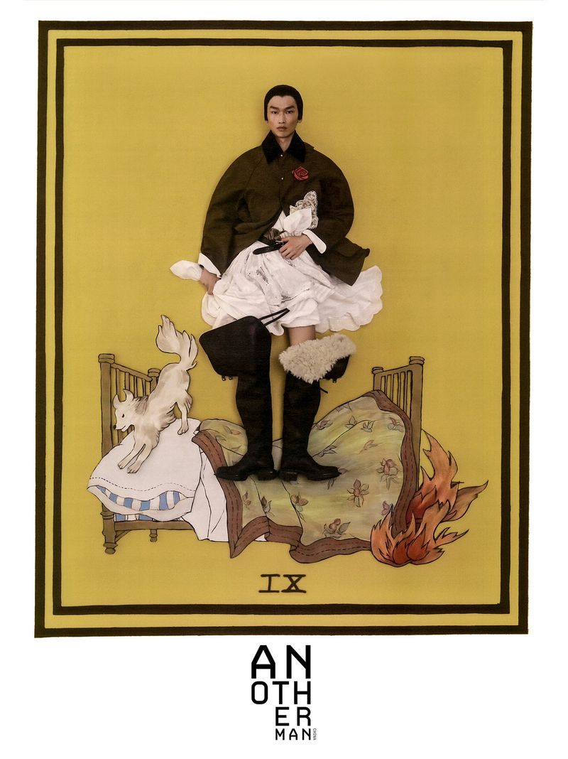 A person in an olive coat and black boots stands on a bed next to a white fox in a surreal illustration against a yellow backdrop.
