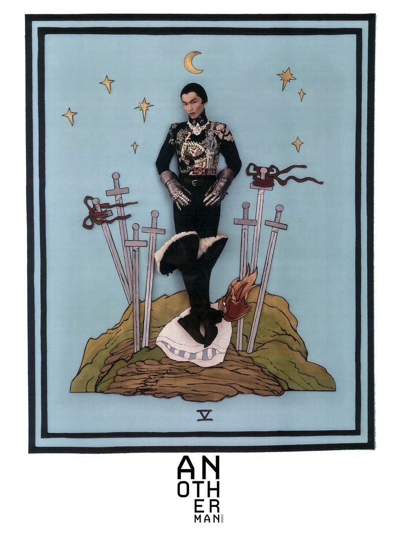 Illustration of person in ornate jacket standing on hill surrounded by swords against blue sky with crescent moon and stars.
