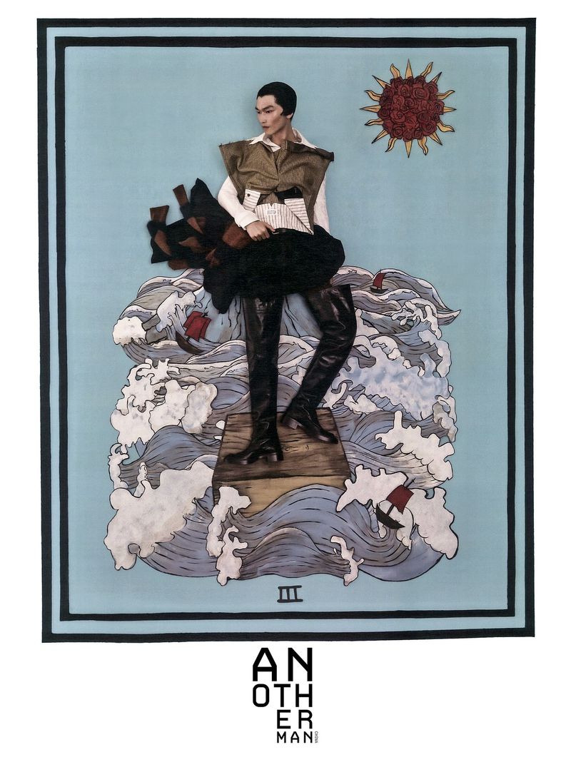 Fashion illustration featuring an adult posing in artistic nautical setting with wave and sun elements in tones of blue, black, and brown.