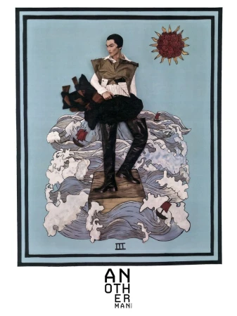 Fashion illustration featuring an adult posing in artistic nautical setting with wave and sun elements in tones of blue, black, and brown.