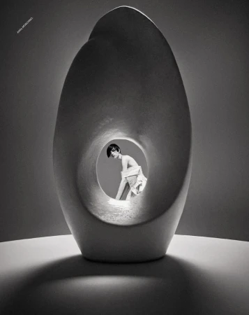 Monochromatic image of a fashion model behind an abstract sculpture, staged indoors with studio lighting and visible shadows.