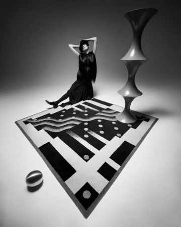 Model in black fringe dress seated on geometric rug beside sculptural totem against grey studio background for Harper's Bazaar Italia.