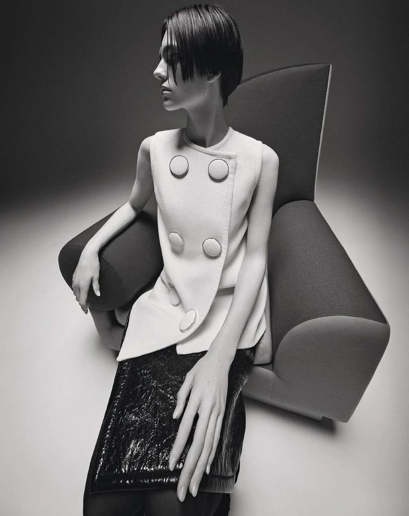 Black and white fashion shot of a slender woman with short dark hair posing in a dress with large buttons, seated on an armchair.