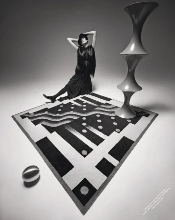High-angle shot in photo studio of an adult woman in dark textured clothing sitting atop a patterned carpet, with artistic objects.