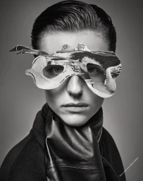 Black and white portrait of a model wearing a cutout photo collage mask over their eyes with slicked hair and a black leather scarf.