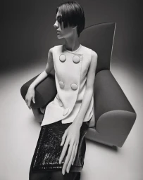 Model with short dark hair seated in a sculptural armchair wearing a sleeveless white buttoned top and black skirt in monochrome.