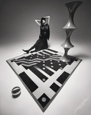 Model seated on a patterned rug in a studio with a sculptural pedestal and metallic object for Harper's Bazaar Italia.