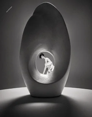 Monochrome fashion portrait featuring a model framed through the circular opening of a large smooth oval sculpture in studio light.