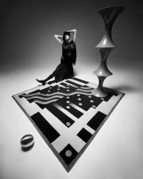 Model in black fringe dress seated on geometric rug beside sculptural totem against grey studio background for Harper's Bazaar Italia.