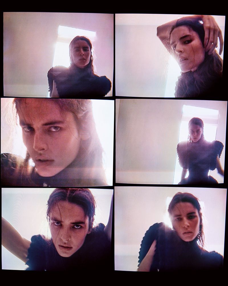 Fashion shots of a woman wearing a black top with shoulder ruffles against a bright, white background, in a collage format.