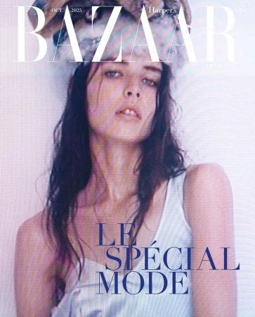 Magazine cover featuring a portrait of a young woman with dark hair, wearing a light-colored top, and Bazaar and Harper's text overlays.