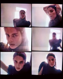 Six-frame contact sheet featuring model Libby Taverner posing dynamically in a dark ruffled top with ambient backlighting.