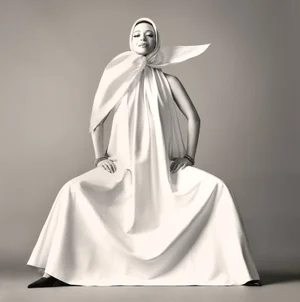 Mikey Madison seated in a voluminous white draped gown with matching headscarf against a studio backdrop for Vogue Italia.