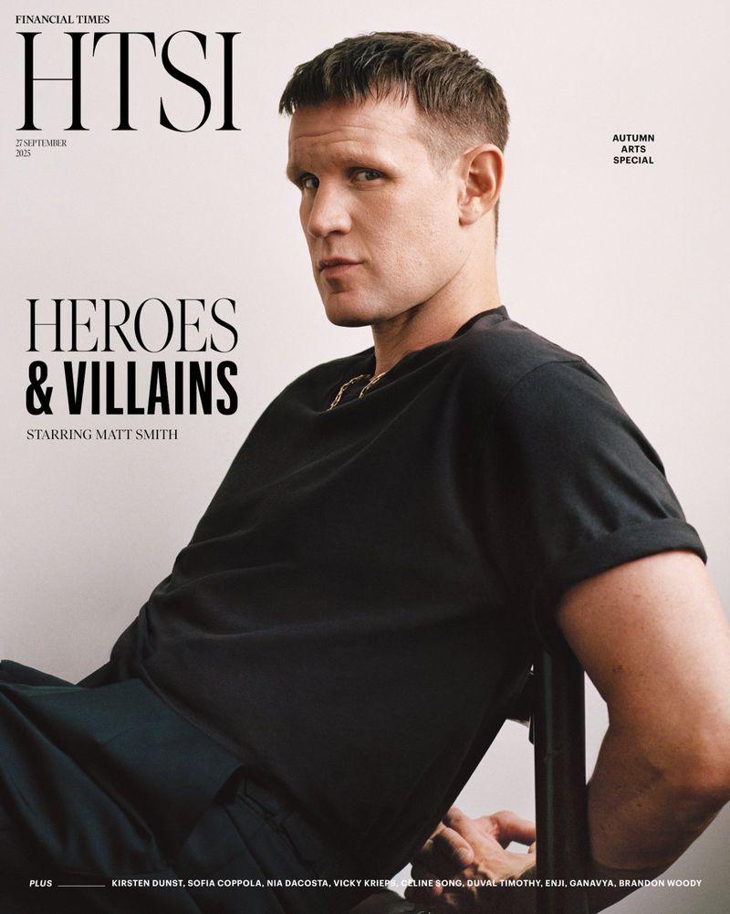 Matt Smith poses in a black t-shirt on a Financial Times cover, featuring 'Heroes & Villains' headline and autumn arts special.