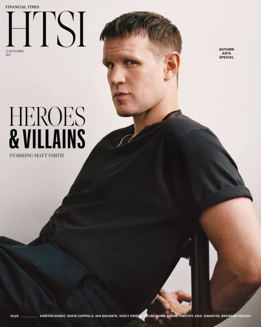 Matt Smith poses in a black t-shirt on a Financial Times cover, featuring 'Heroes & Villains' headline and autumn arts special.