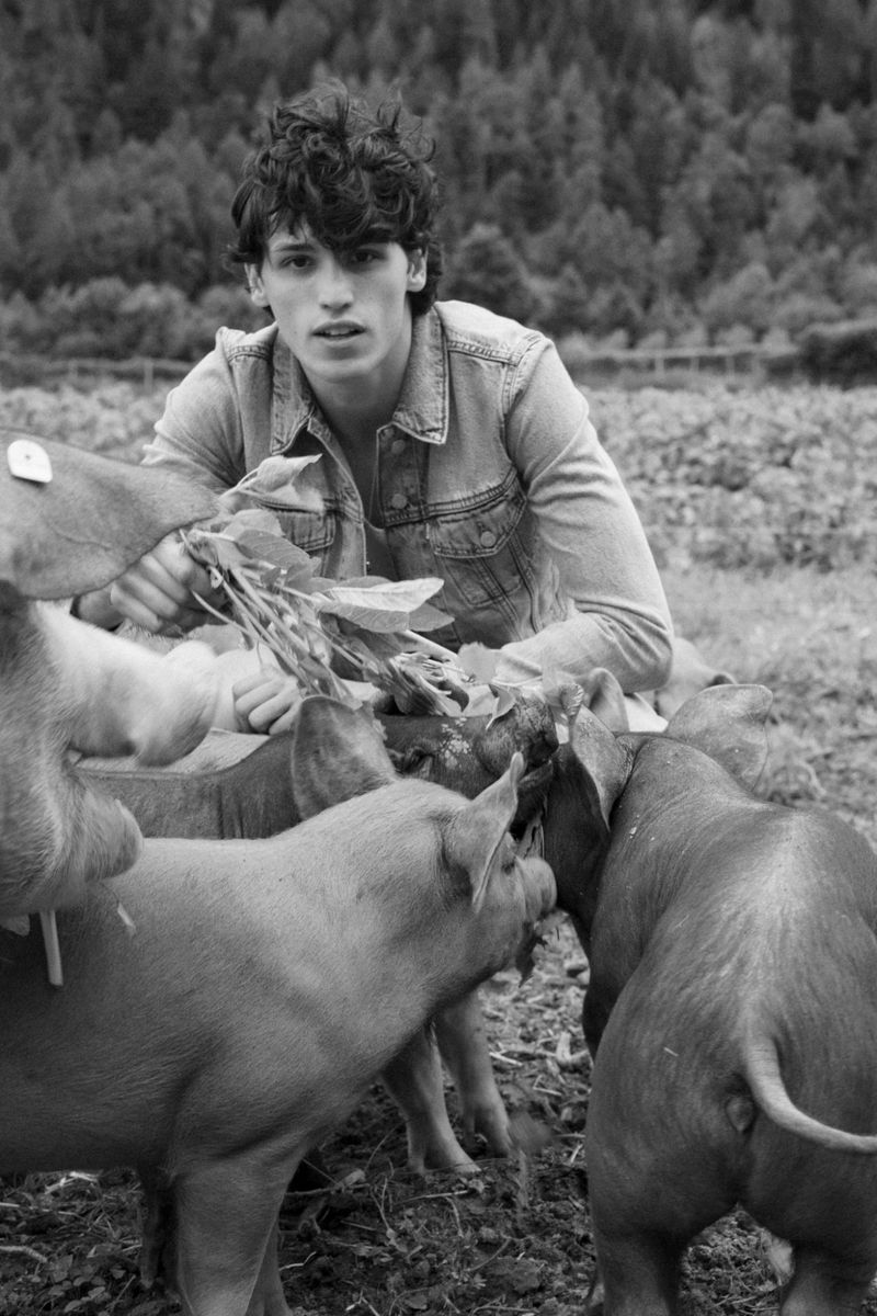 Monochrome portrait of a young man in a denim jacket outdoors, surrounded by a group of pigs, with a forest backdrop.
