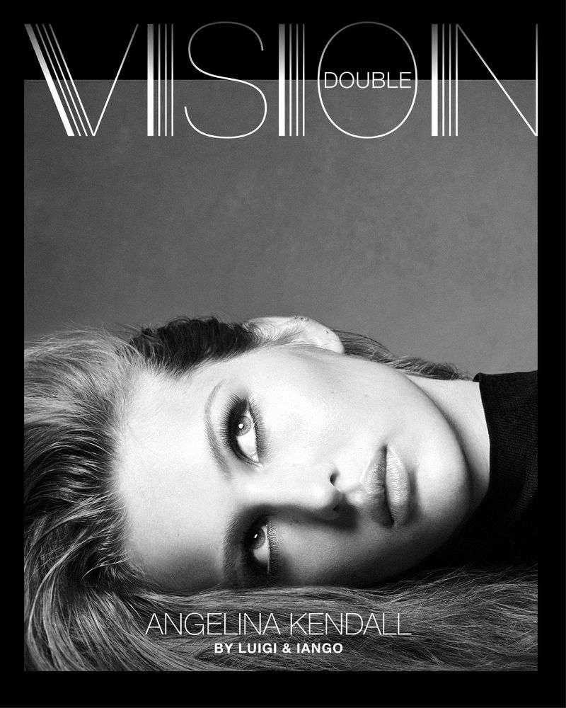 Black and white portrait of Angelina Kendall on a magazine cover; artistic studio photography with prominent text, shot by Luigi and Iango.