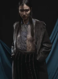 Model Hyunser Park wearing a shearling-lined coat, patterned blouse, and striped trousers against draped dark fabric.