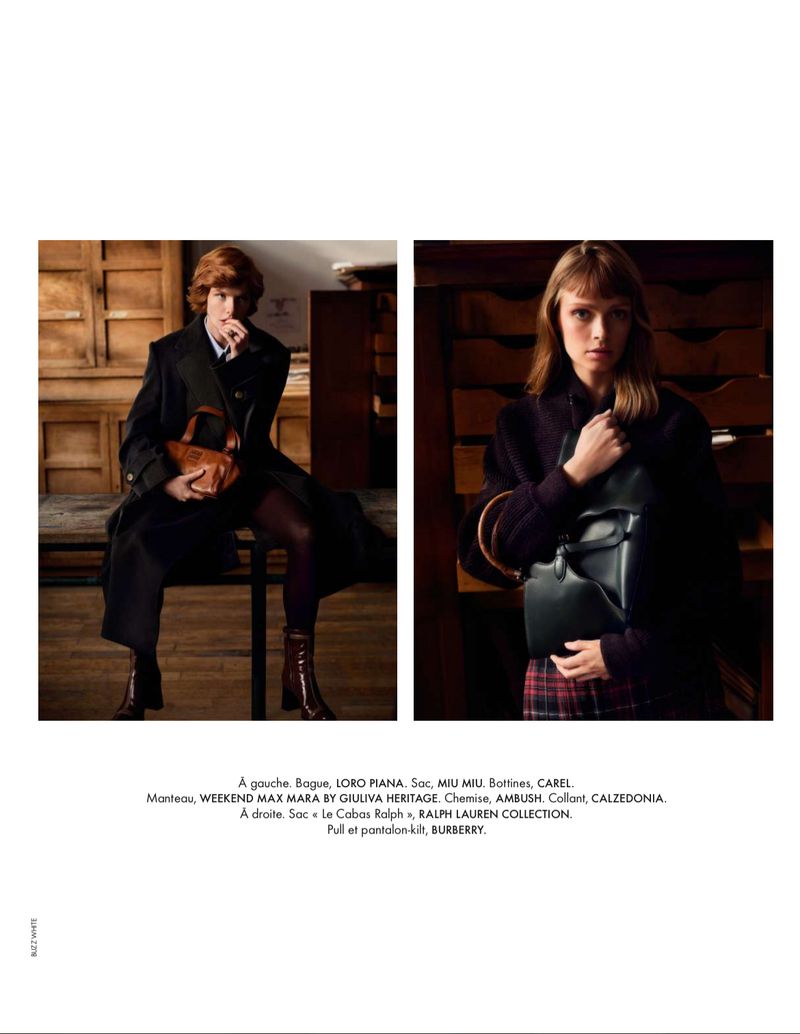 Two fashion models pose with handbags in a split-screen indoor studio setting, showcasing fall fashion apparel and accessories.
