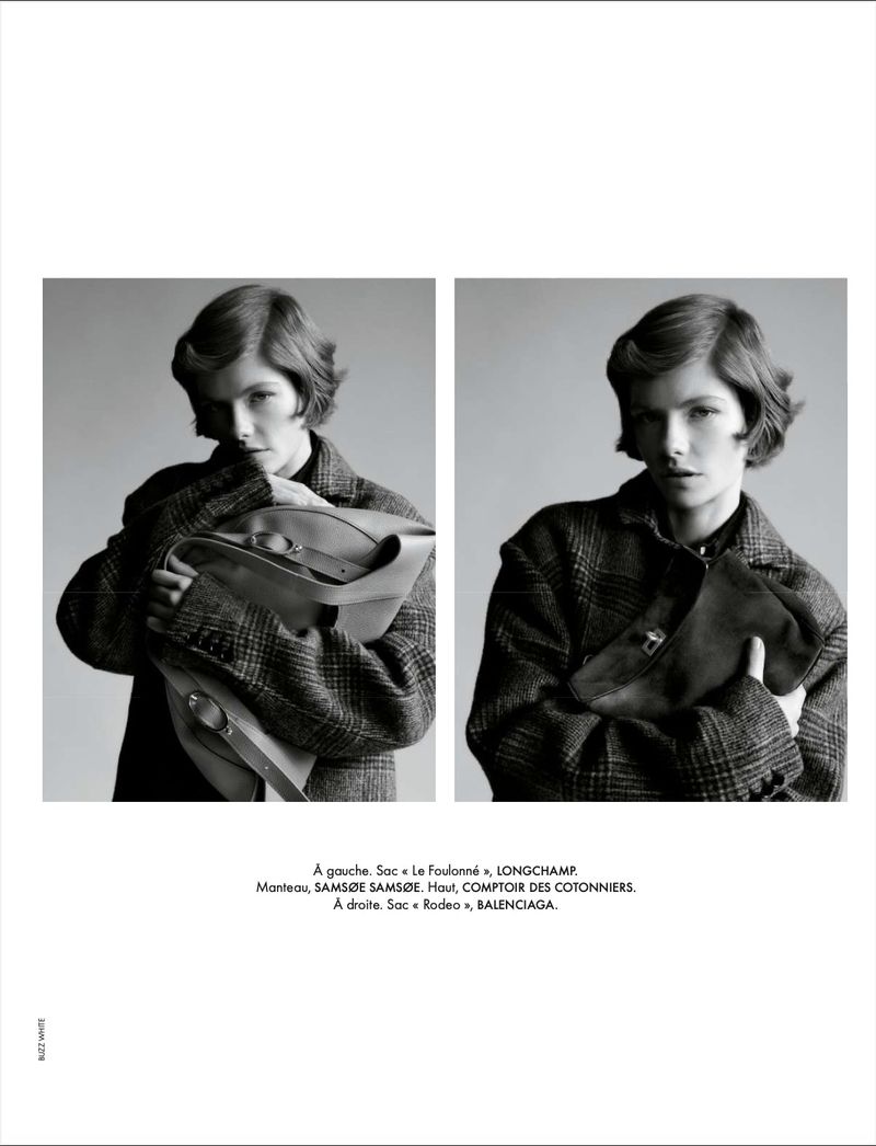 Monochrome fashion shot featuring a woman in a patterned coat holding handbags, with the image split into two mirrored panels.