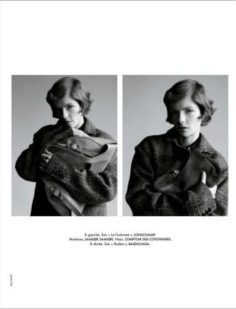 Monochrome fashion shot featuring a woman in a patterned coat holding handbags, with the image split into two mirrored panels.