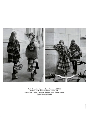 Black and white fashion editorial featuring two women in patterned coats with handbags, posing against a neutral building backdrop.