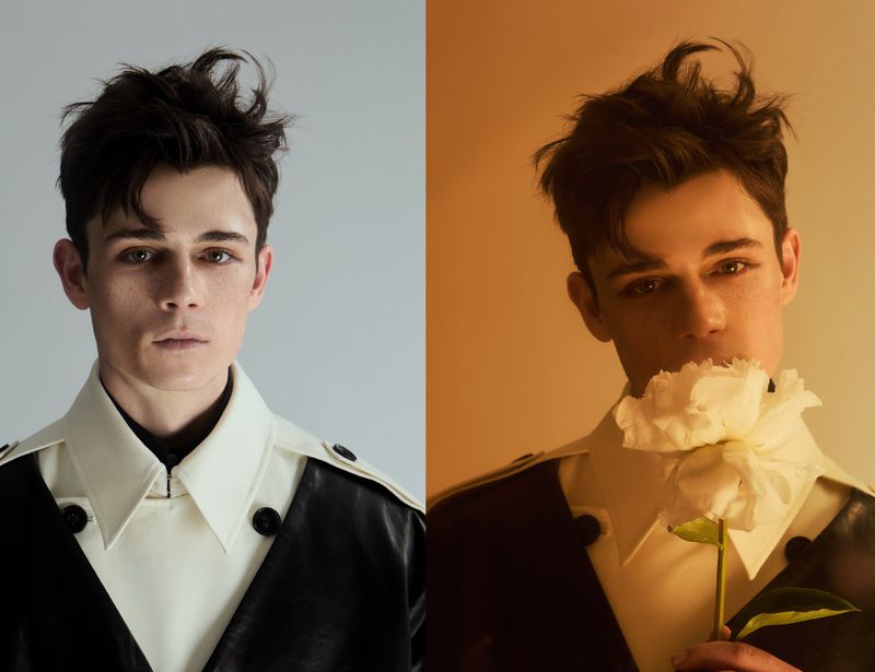 Split image of a young male fashion model with dark hair in a light and dark jacket, holding a white flower in one panel.