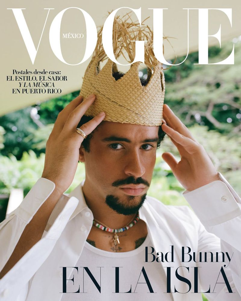 Vogue Mexico cover featuring an adult male with a light beard wearing a woven crown, a white shirt, and a beaded necklace outdoors.