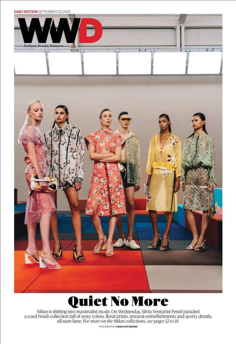Fashion editorial cover features six models in Fendi designs, shot indoors with studio lighting and a minimalist aesthetic.