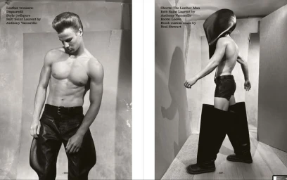 Black and white magazine diptych of two shirtless male models wearing structured leather trousers, boots, and a sculptural hood.