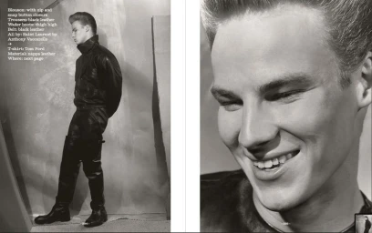 Black and white editorial magazine spread featuring a male model in a black leather outfit alongside a close-up smiling portrait.