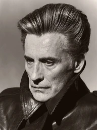 Monochrome close-up portrait of a mature man with styled pompadour hair wearing a high-collar black leather jacket.