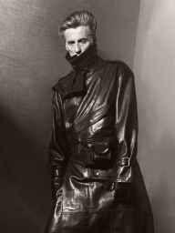 A man wearing an oversized black leather trench coat with a high collar and gloves against a textured studio wall.