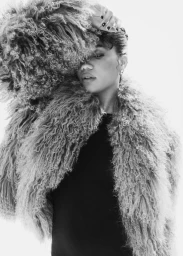 Black and white portrait of a woman in a textured furry coat with one arm raised against a light background.