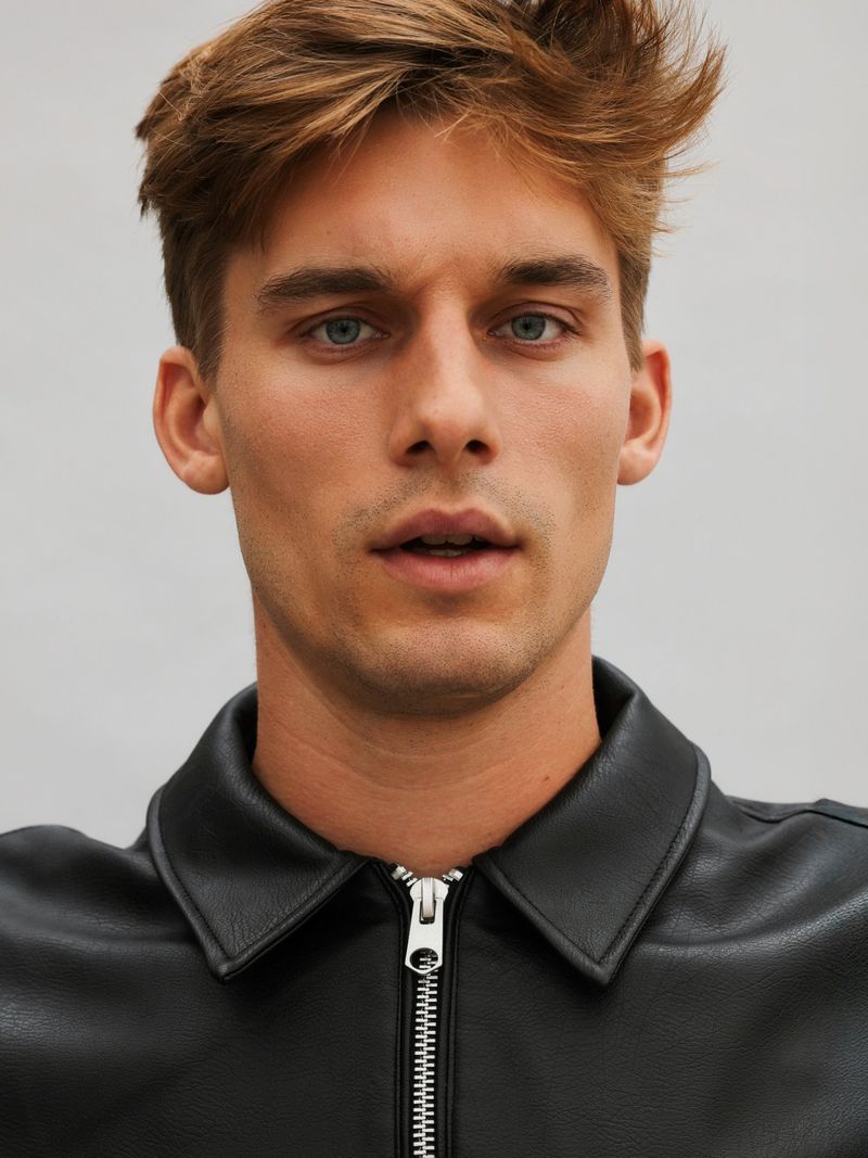 Portrait of a handsome adult male with light brown hair and blue eyes wearing a black leather jacket against a grey background.