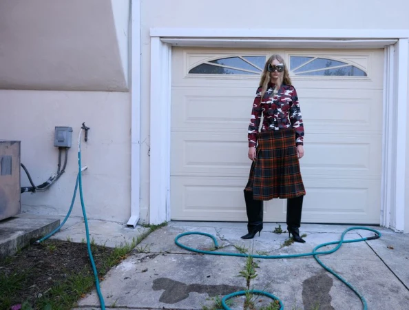 Adult woman in masquerade mask, camouflage top, and plaid skirt poses on a cracked driveway in front of a closed garage door.