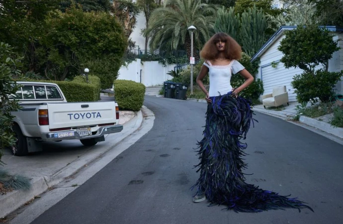 Woman with large afro hairstyle poses in a feathered skirt on a street next to a parked Toyota pickup truck in daylight.