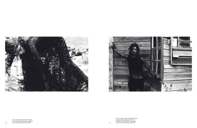 Monochrome fashion spread featuring a model in a dark dress on a rocky shore and a model by a wooden building with an open door.