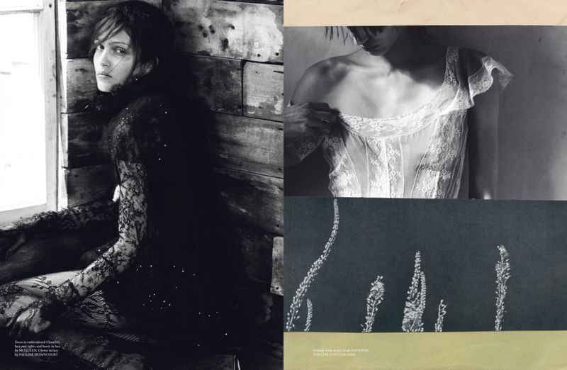 Monochrome fashion portrait features an adult woman in a lace gown next to wood planks, paired with a separate semi-nude portrait.