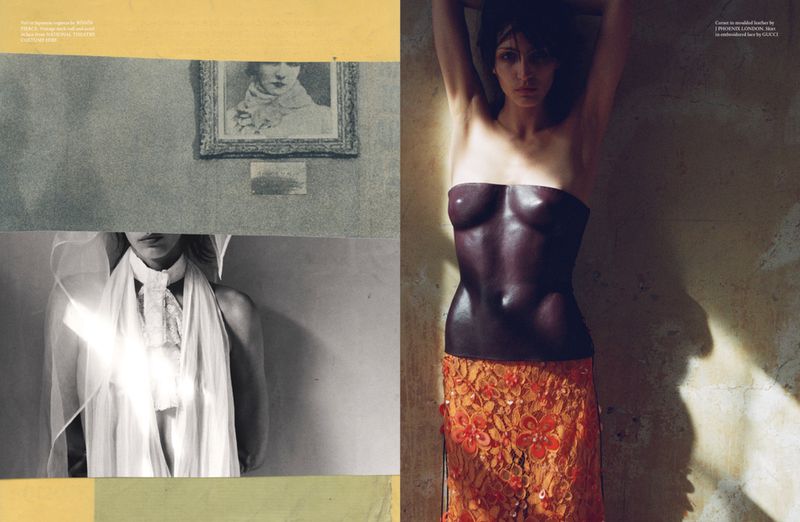 Collage featuring a woman in a bustier and skirt, with vintage black and white portraits of a woman with draped fabric and a portrait.