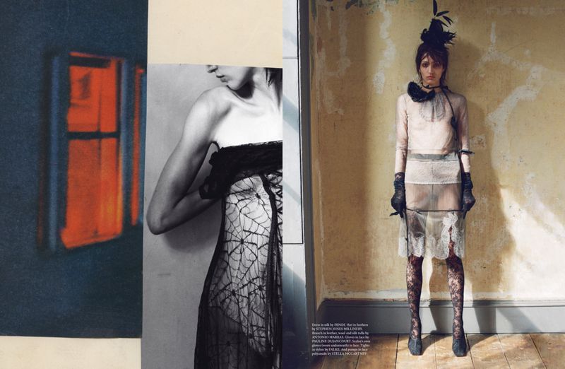 Fashion editorial collage featuring a woman in lace, standing in front of a distressed wall with a painted window on the side.