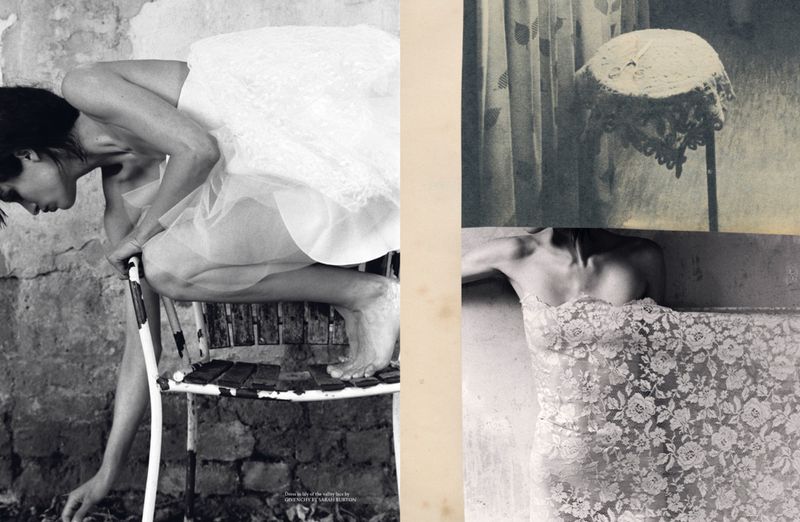 Monochrome editorial collage of model Sara Caballero wearing a white lace dress while crouched on a distressed chair.