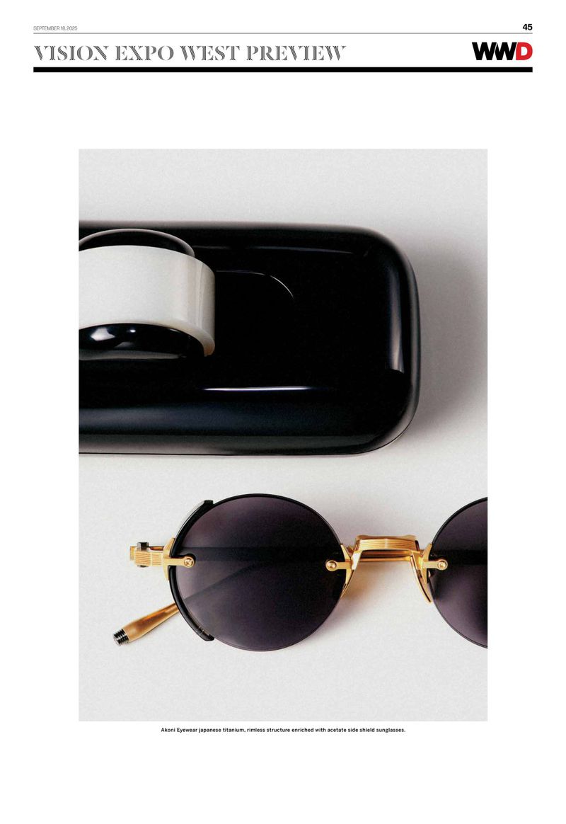 Rimless sunglasses with gold frames sit next to a black rectangular case on a white surface, featured in a WWD Vision Expo West preview.