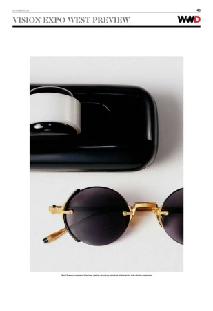 Rimless sunglasses with gold frames sit next to a black rectangular case on a white surface, featured in a WWD Vision Expo West preview.