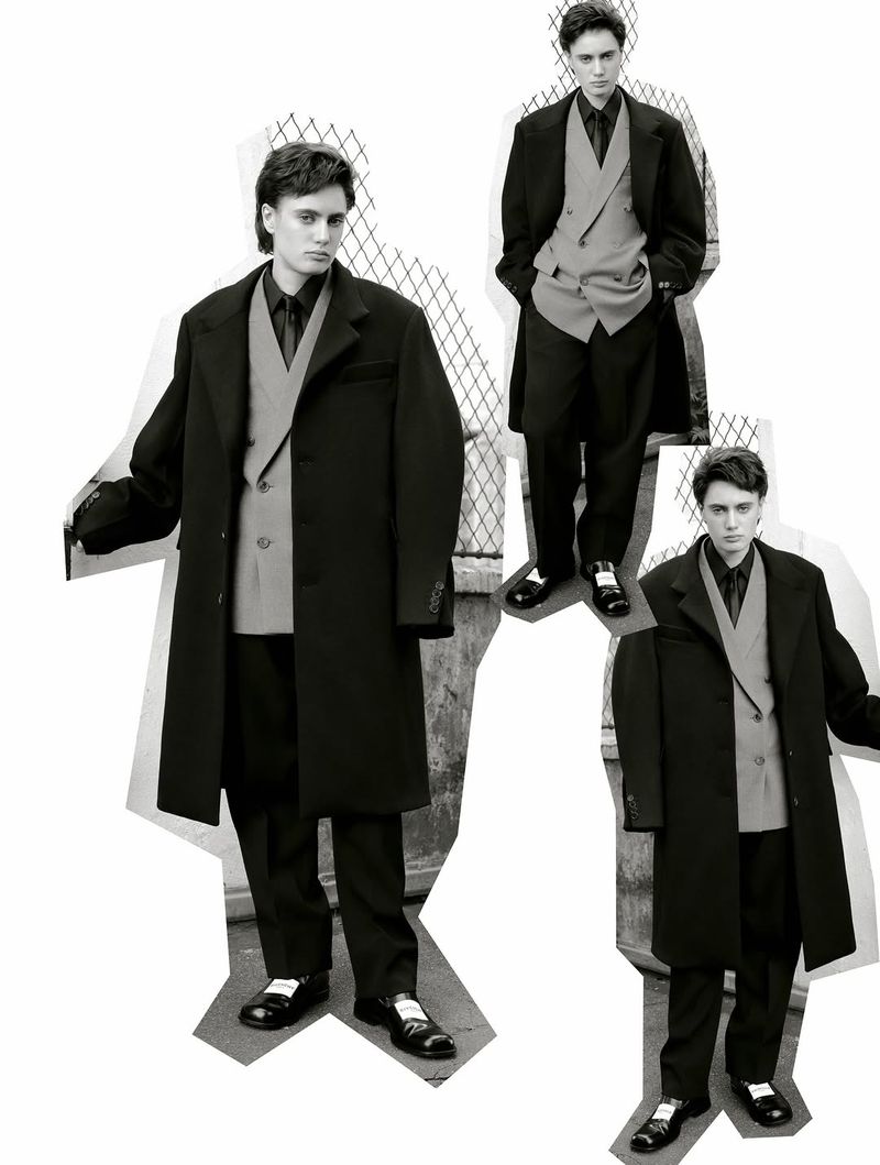 Monochrome fashion shot of a young adult man in a three-piece suit and overcoat, repeated in a cutout collage style.
