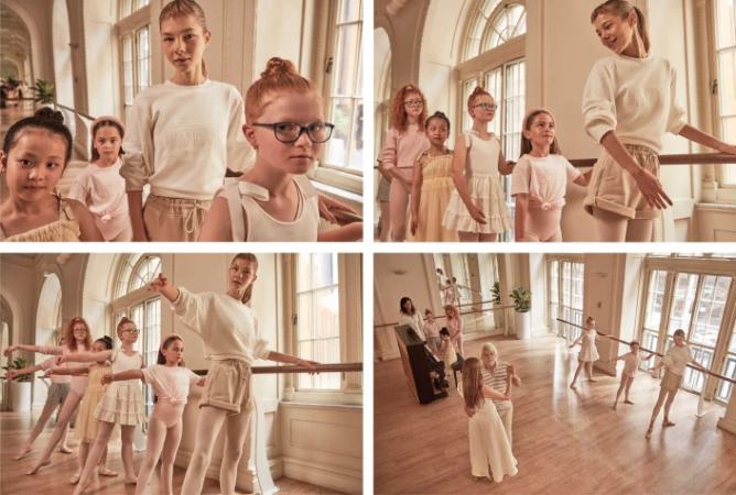 Dance class featuring ballet students and an instructor at a barre in a studio, with natural light illuminating the scene and a piano nearby.