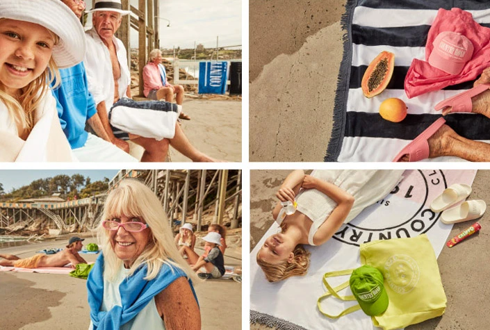 Collage of sunbathers and beachgoers with towels, hats, and summer accessories, enjoying a sunny day by the shore in a casual setting.